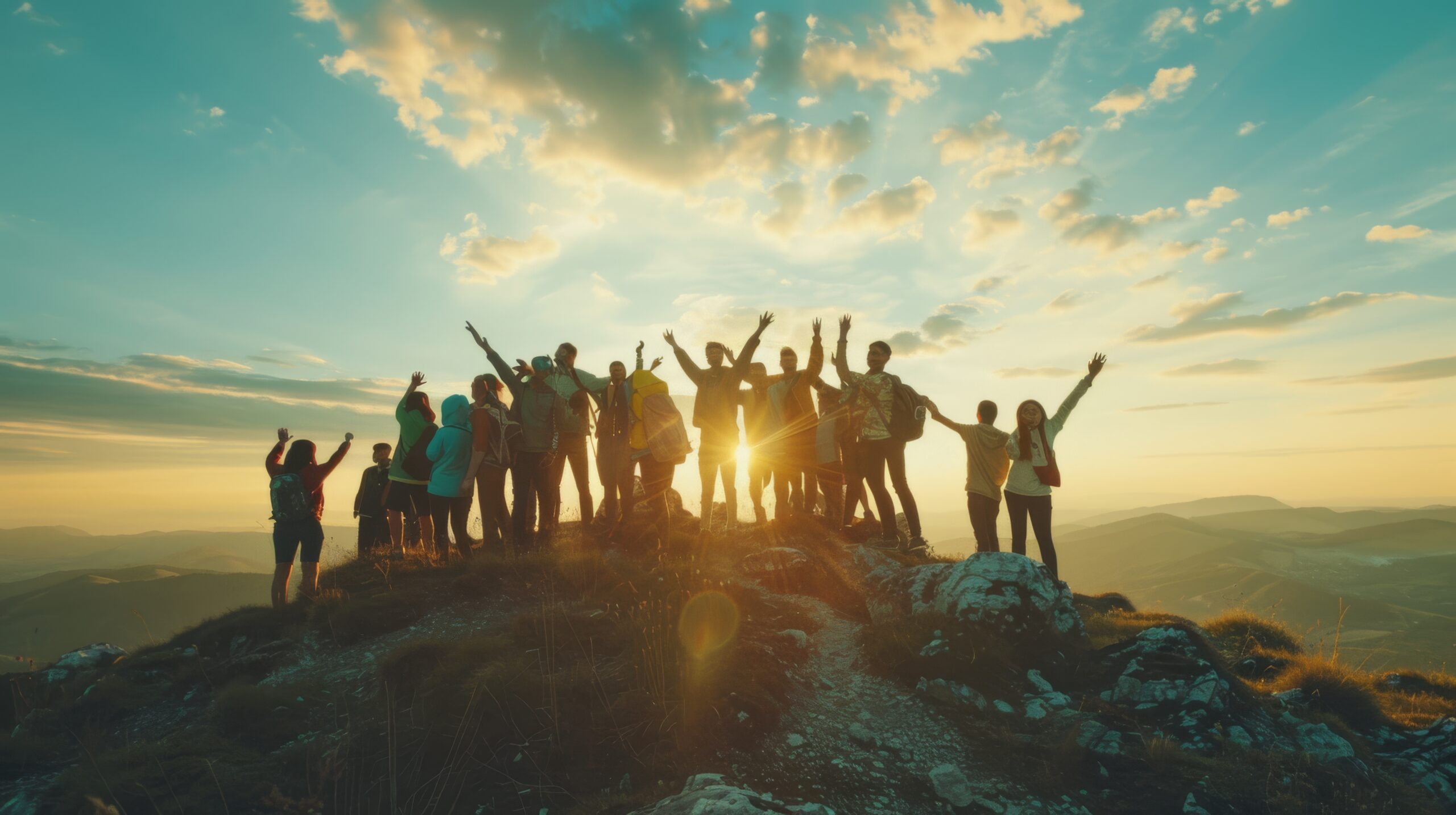 A joyous group of hikers celebrates atop a mountain peak at sunset, silhouetted against a vibrant sky, embodying the spirit of achievement and camaraderie.